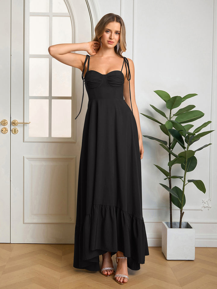 Ruched Bust Tie Shoulder Maxi Solid Dress#color_black