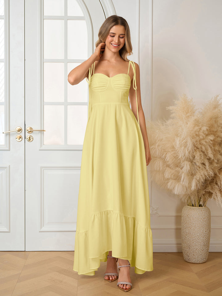 Ruched Bust Tie Shoulder Maxi Solid Dress#color_yellow