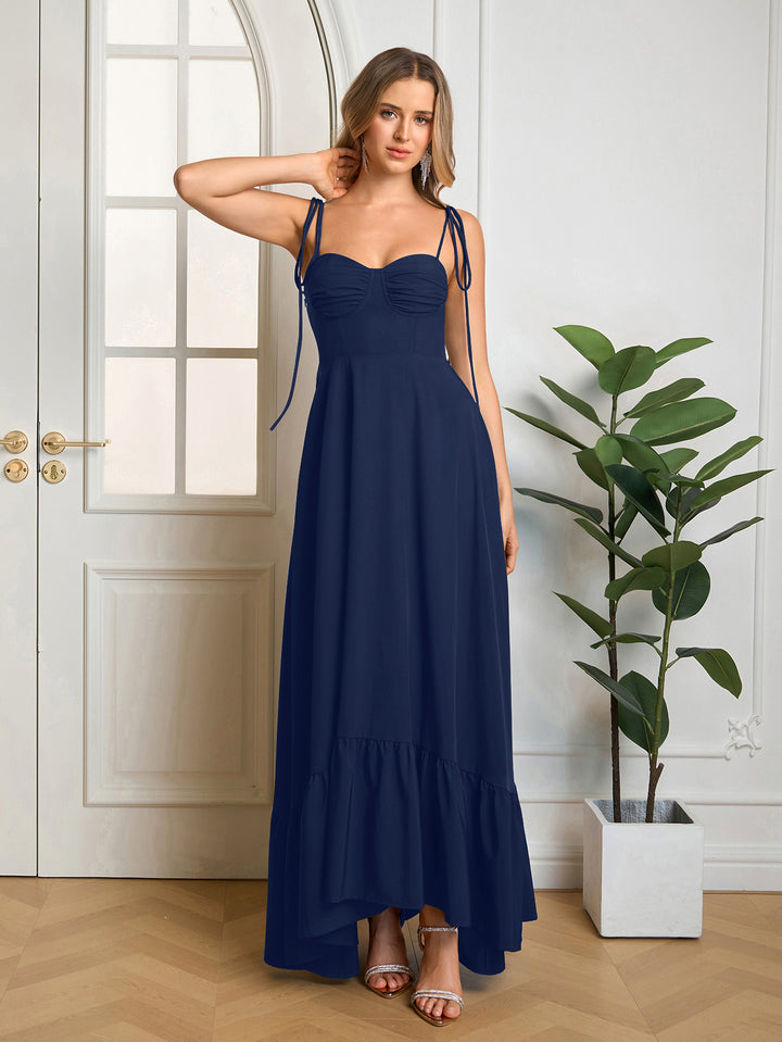Ruched Bust Tie Shoulder Maxi Solid Dress#color_navy