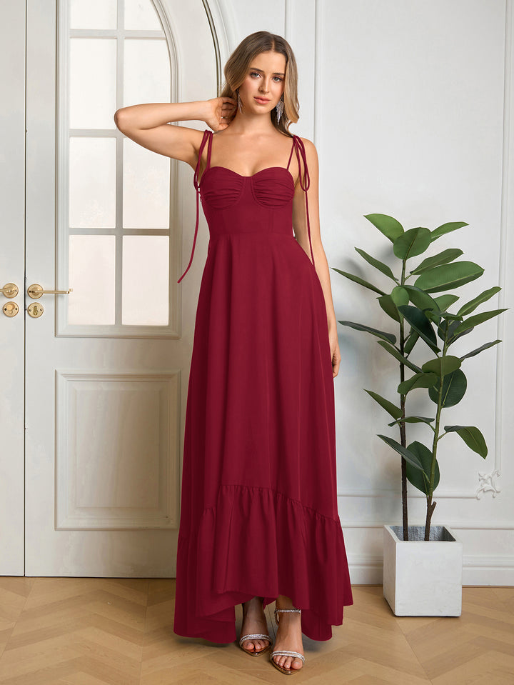 Ruched Bust Tie Shoulder Maxi Solid Dress#color_red