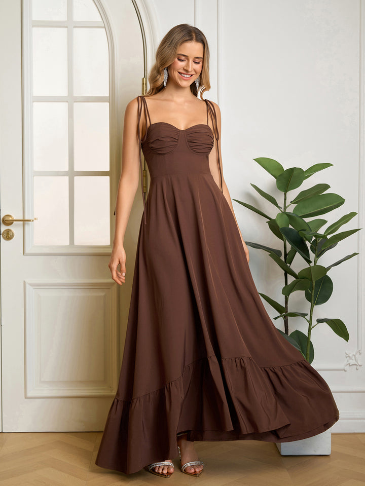 Ruched Bust Tie Shoulder Maxi Solid Dress#color_brown