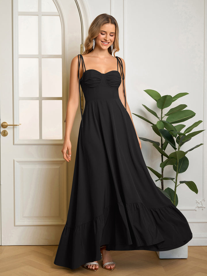 Ruched Tie Shoulder Bust Maxi Solid Dress#color_black