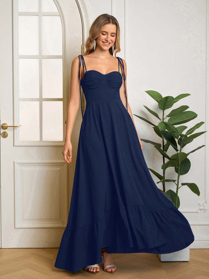Ruched Tie Shoulder Bust Maxi Solid Dress#color_navy
