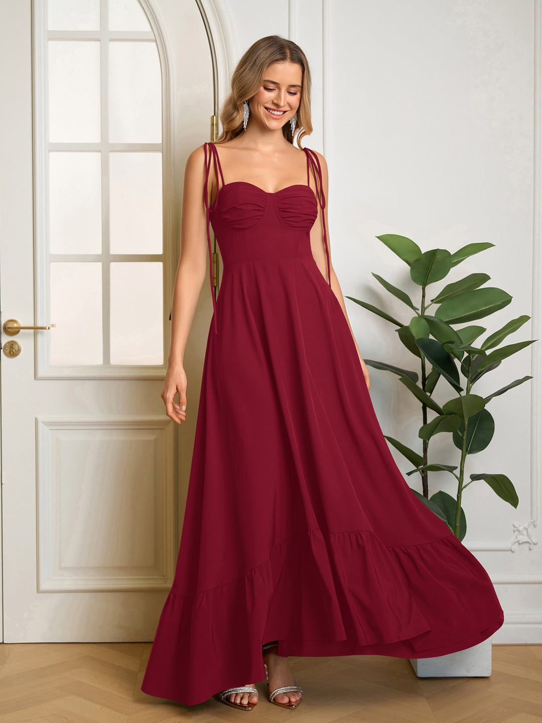 Ruched Tie Shoulder Bust Maxi Solid Dress#color_red