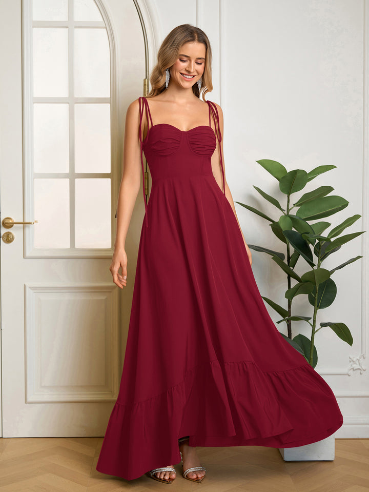 Ruched Tie Shoulder Bust Maxi Solid Dress#color_red