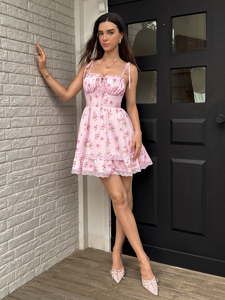 Lace Trim Tie Shoulder Ruched Floral Print Mini Dress
