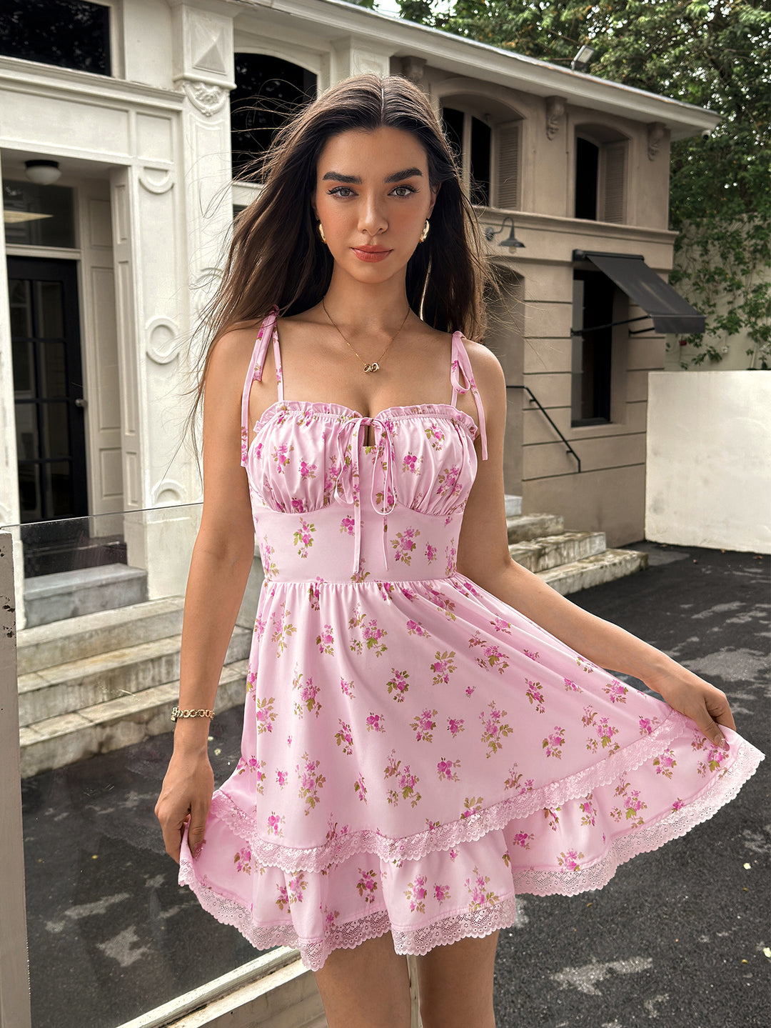Ruched Lace Trim Tie Shoulder Floral Print Mini Dress