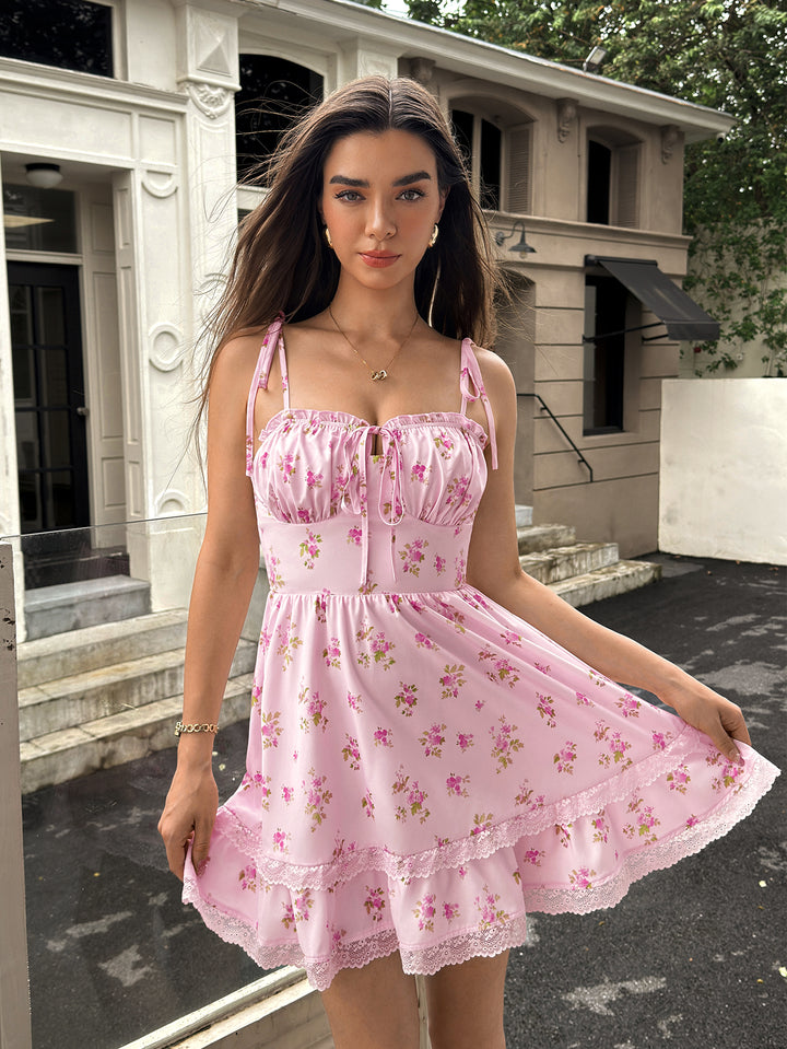 Ruched Lace Trim Tie Shoulder Floral Print Mini Dress