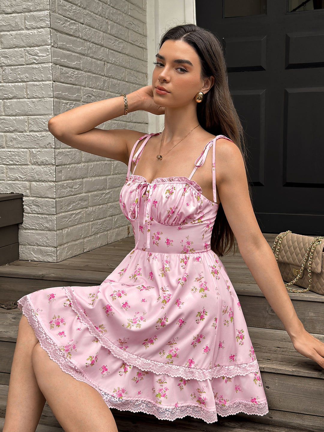 Ruched Tie Shoulder Lace Trim Floral Print Mini Dress