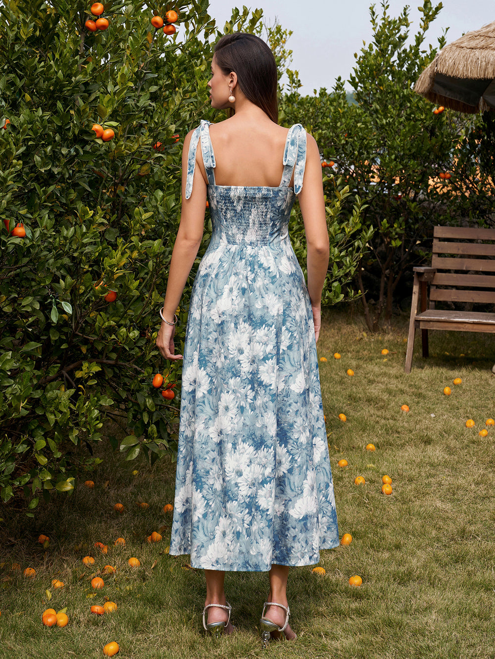 Tie Ruched Shoulder Pocket Floral Print Dress#color_bluefloral