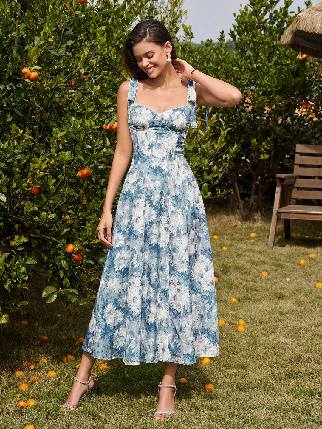 Ruched Shoulder Tie Pocket Floral Print Dress#color_bluefloral