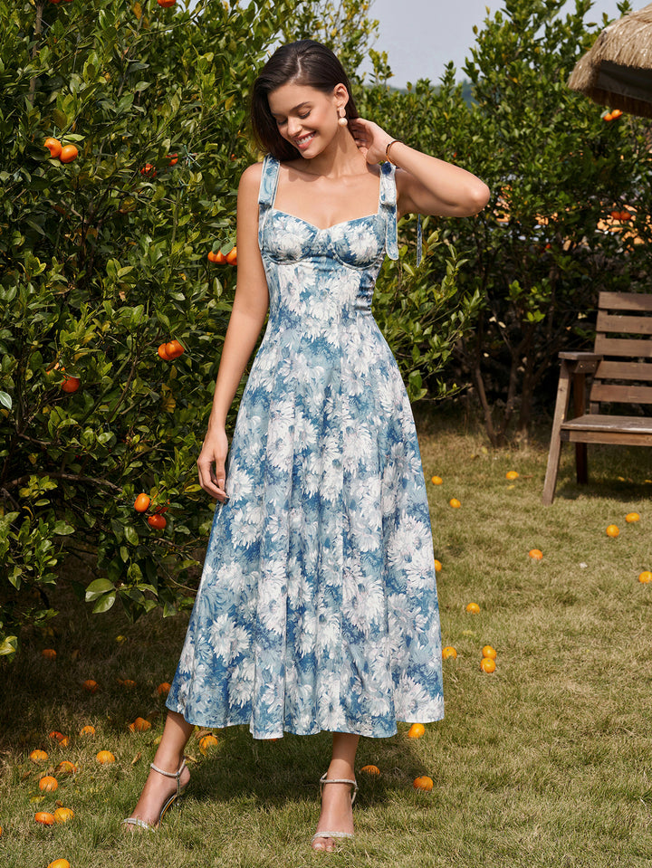 Ruched Shoulder Tie Pocket Floral Print Dress#color_bluefloral