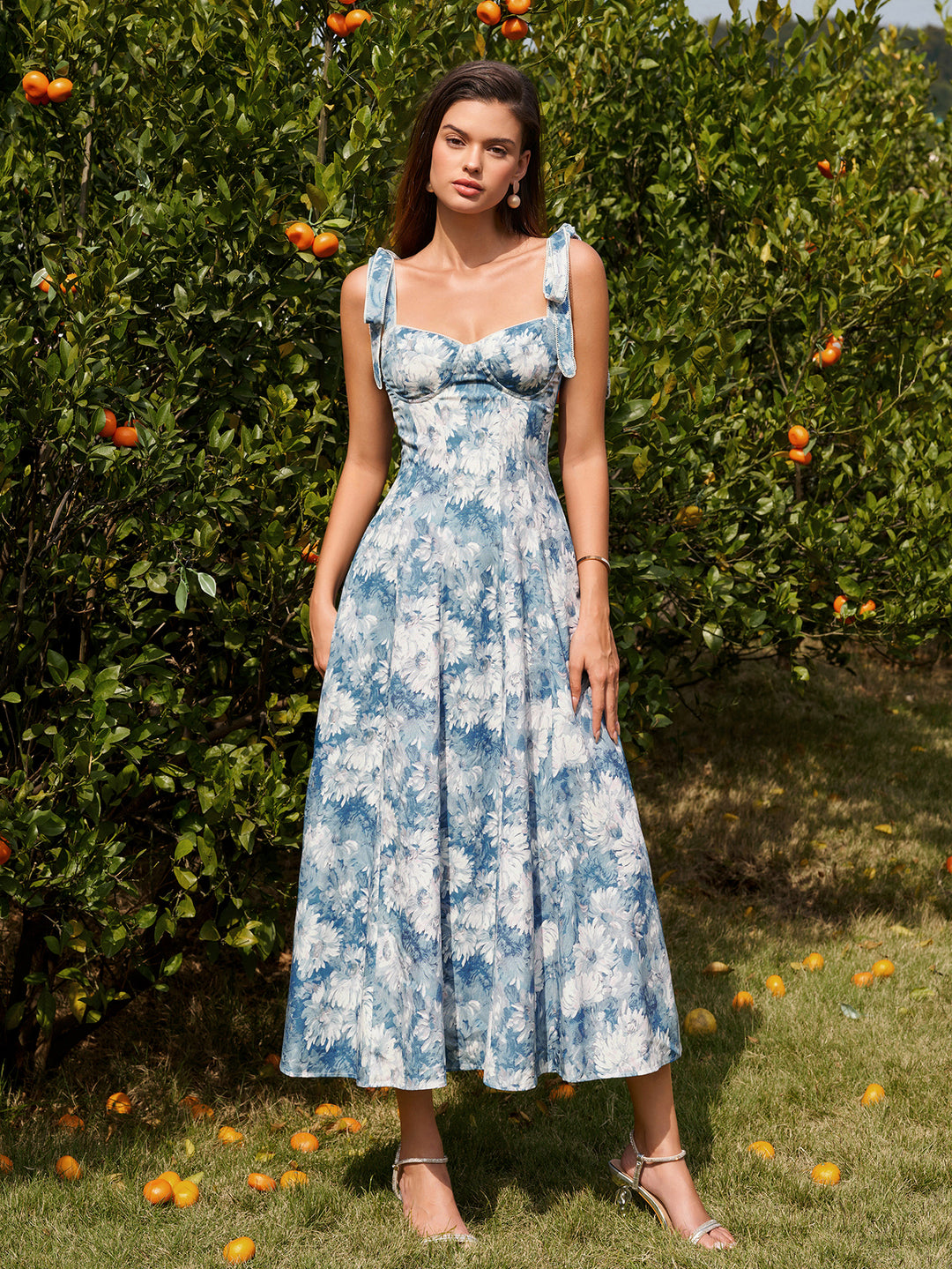 Tie Shoulder Ruched Pocket Floral Print Dress#color_bluefloral