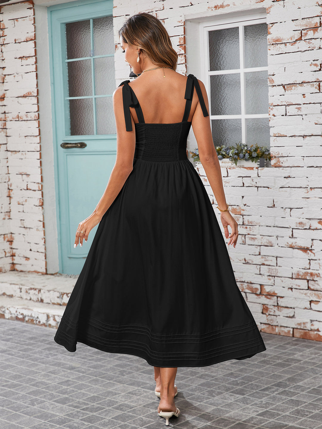 Tie Shoulder V-Neck Pocket Pleated Solid Dress