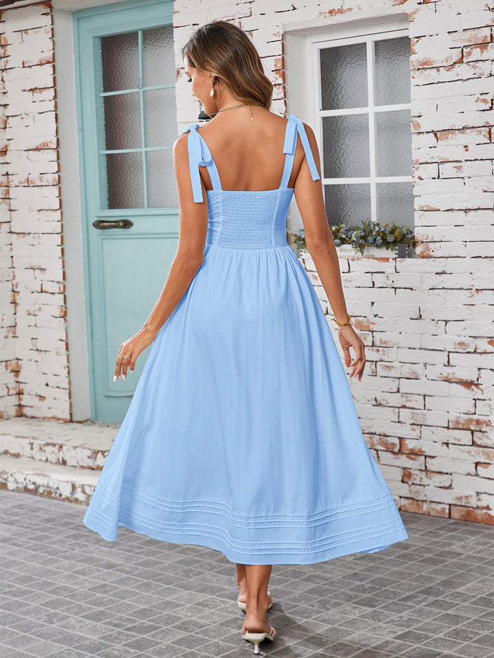 Tie Shoulder V-Neck Pocket Pleated Solid Dress