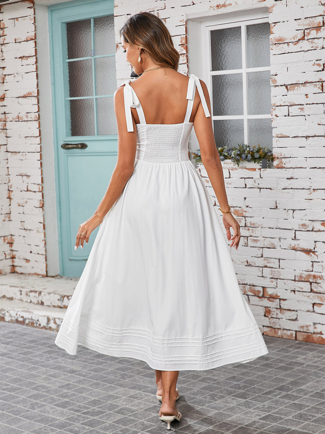 Tie Shoulder V-Neck Pocket Pleated Solid Dress