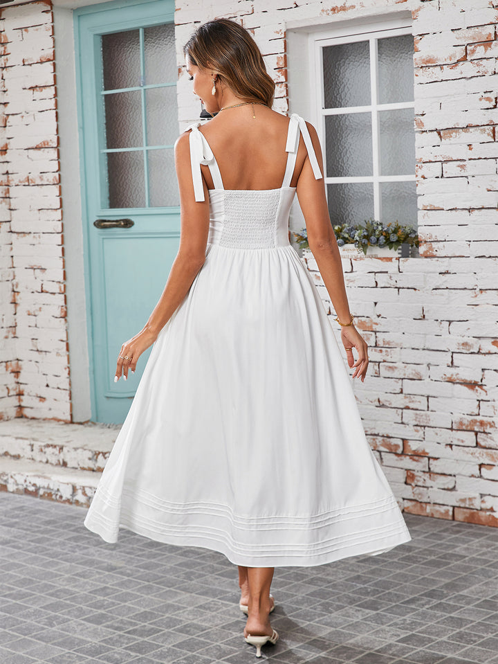 Tie Shoulder V-Neck Pocket Pleated Solid Dress