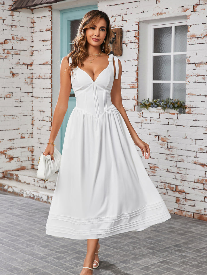 Tie Shoulder Pocket V-Neck Pleated Solid Dress