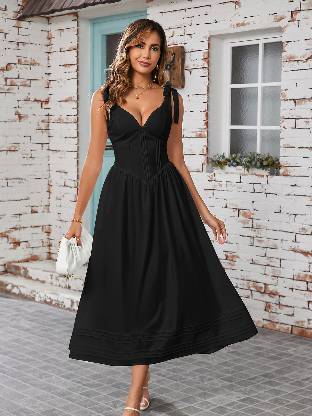 Tie Shoulder Pocket V-Neck Pleated Solid Dress
