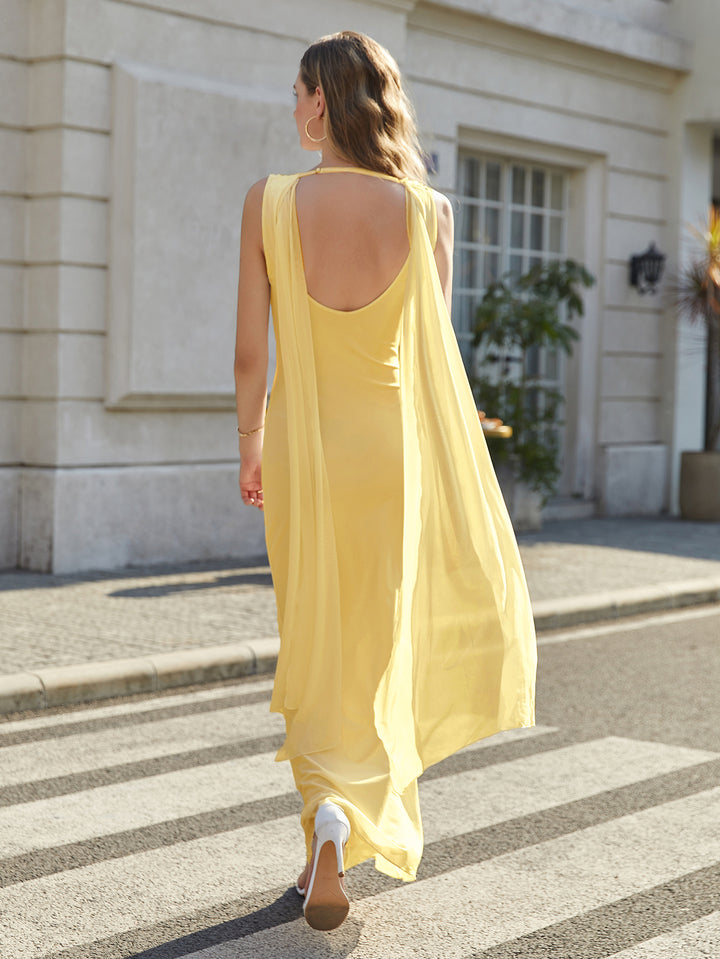 side ribbon trim u-neck backless ruched mesh dress#color_yellow