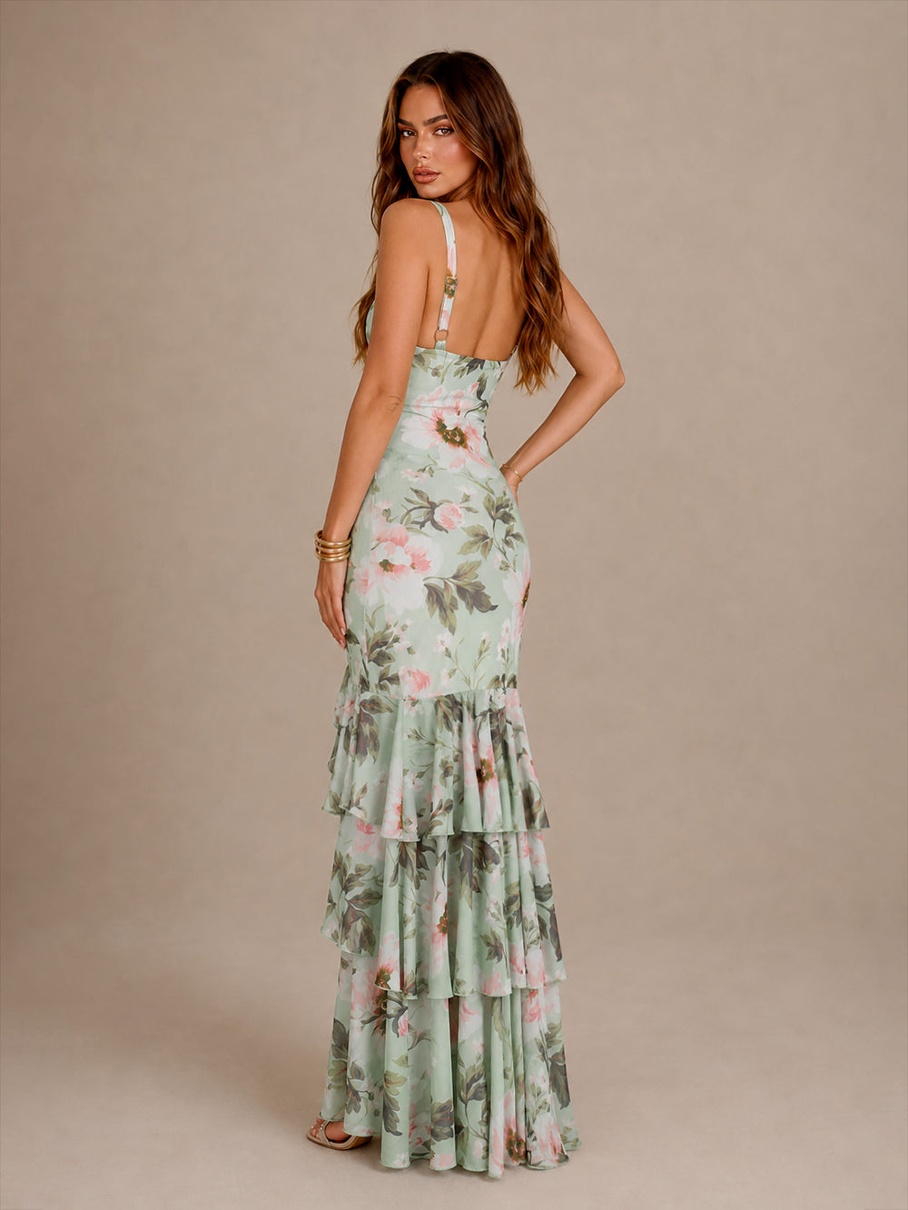 V-Neck Tiered Ruffle Backless Floral Print Mesh Dress#color_greenfloral