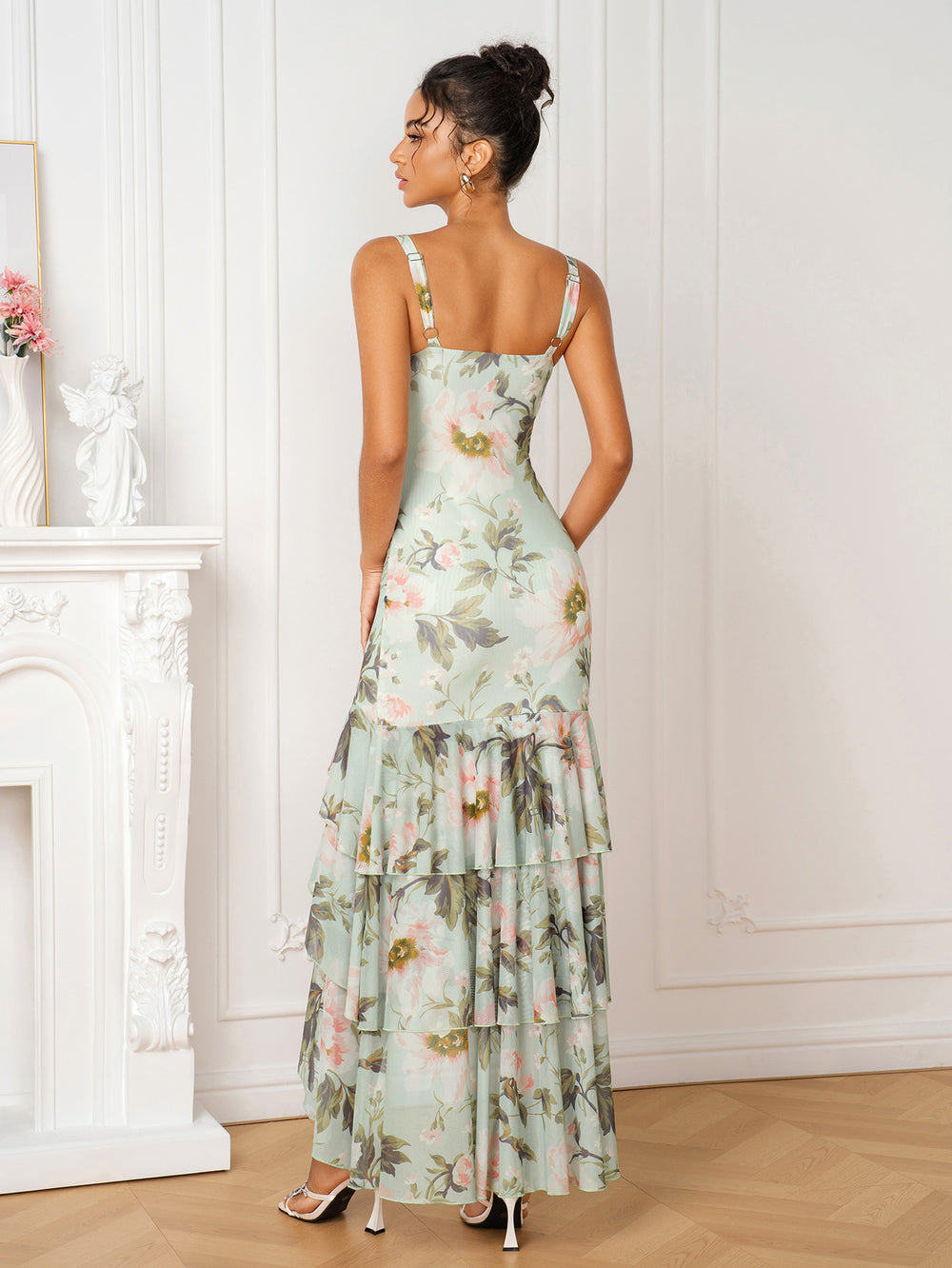 V-Neck Tiered Ruffle Backless Floral Print Mesh Dress#color_greenfloral