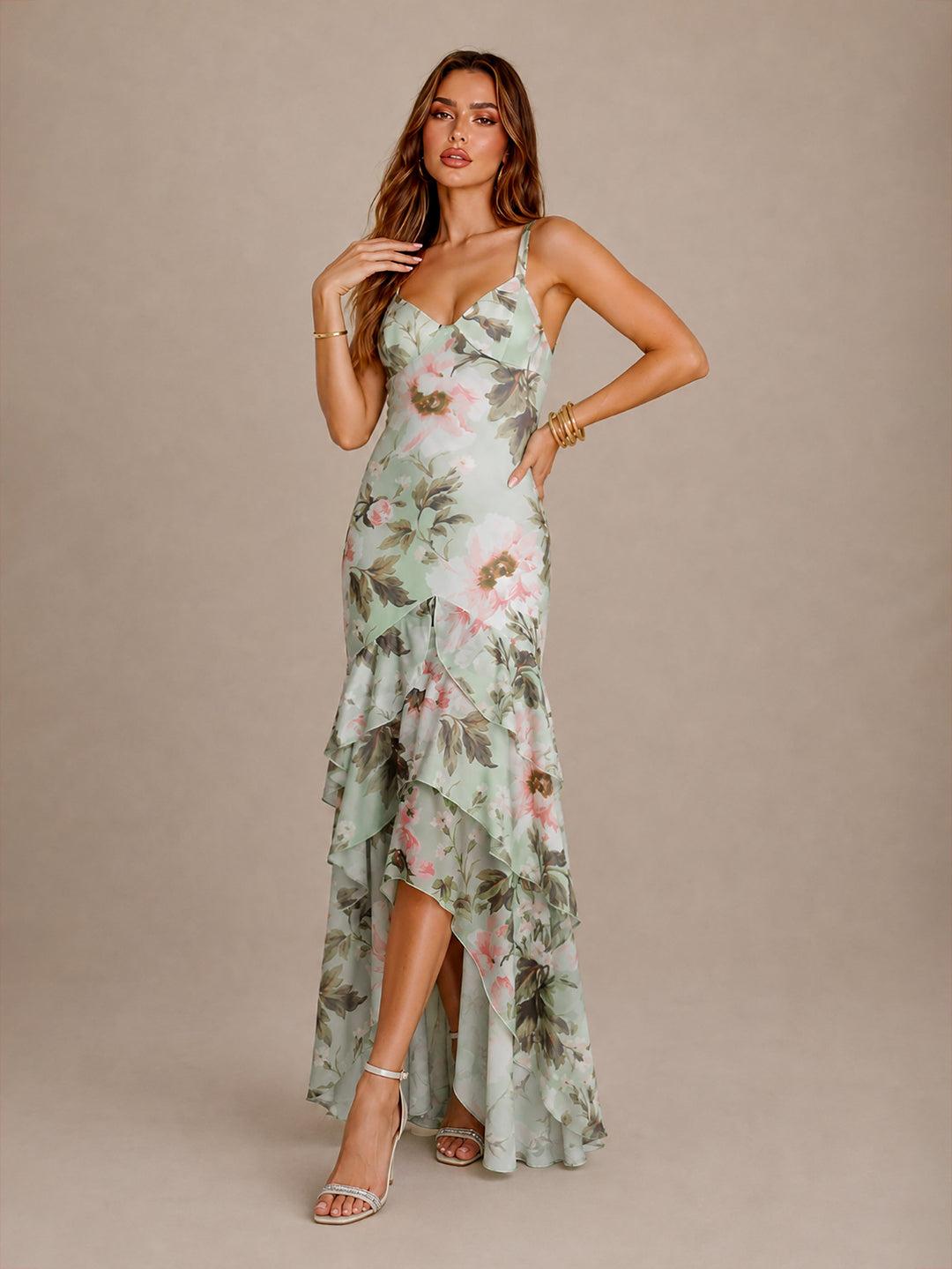 Tiered Ruffle V-Neck Backless Floral Print Mesh Dress