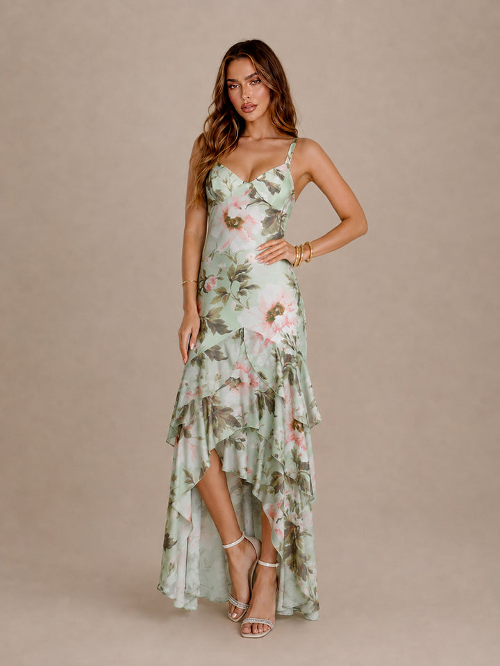 Backless Tiered Ruffle V-Neck Floral Print Mesh Dress
