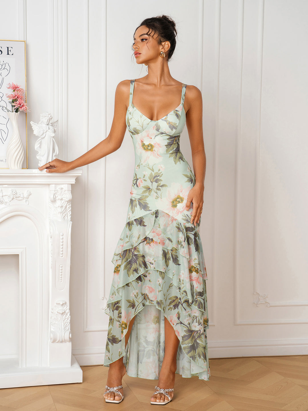 Backless V-Neck Tiered Ruffle Floral Print Mesh Dress
