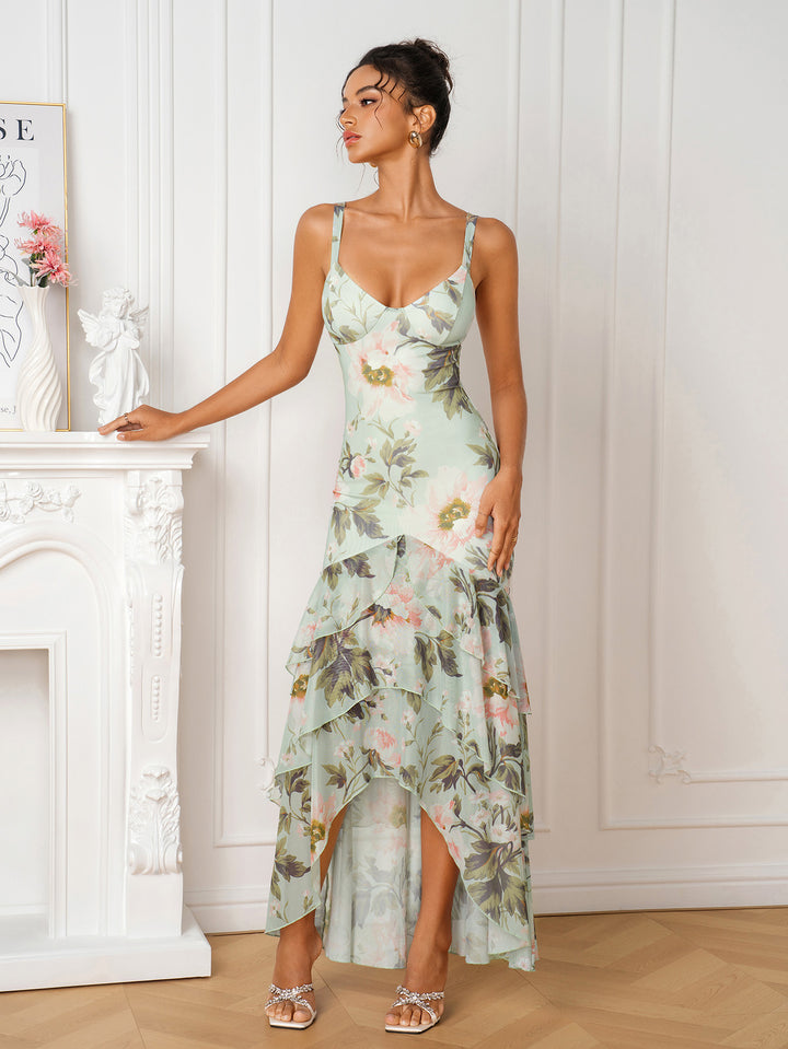 Backless V-Neck Tiered Ruffle Floral Print Mesh Dress