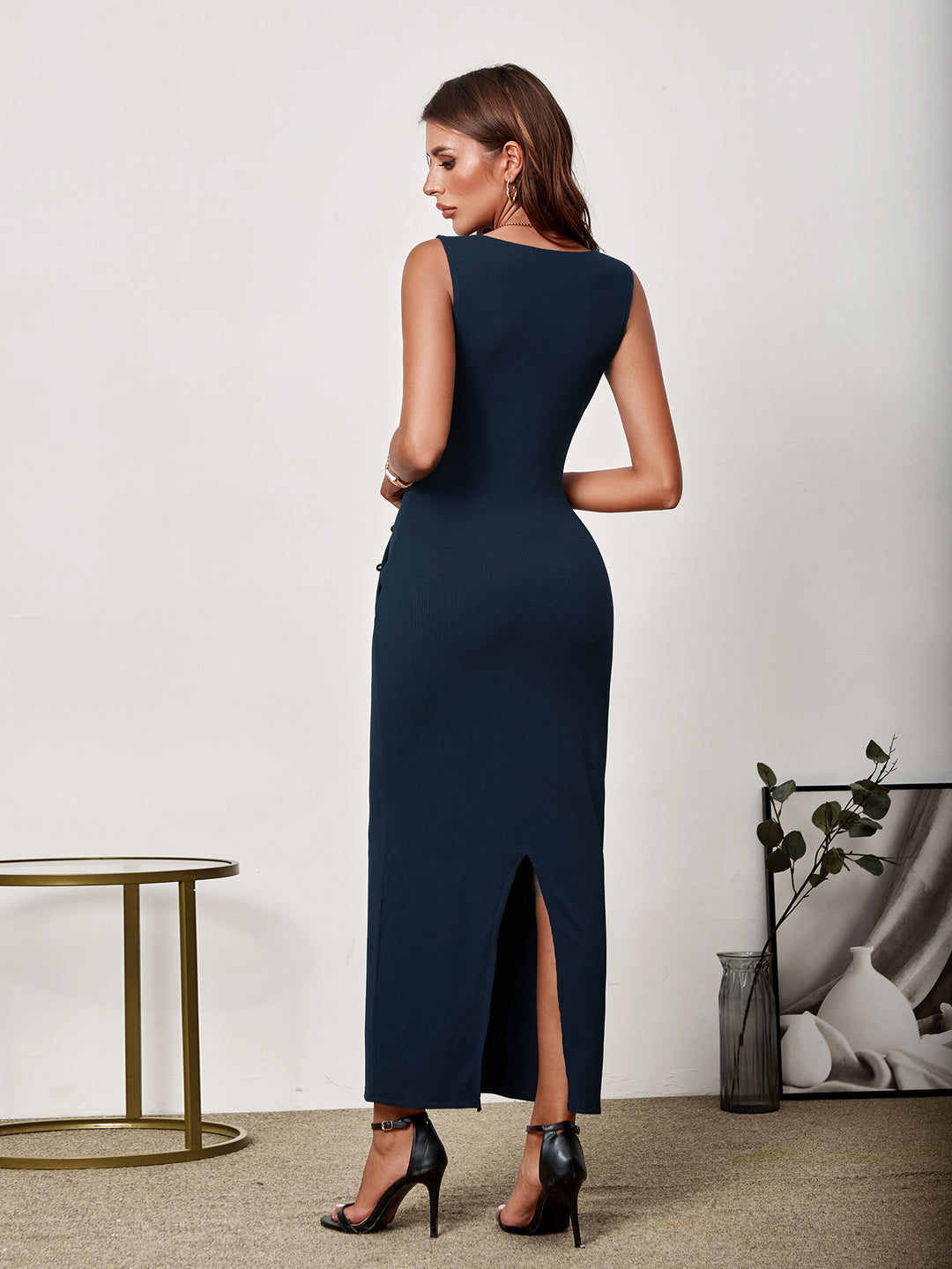 V-Neck Button Placket Back Split Bodycon Dress Parthea Fashion V-Neck Button Placket Back Split Bodycon Dress Parthea Fashion