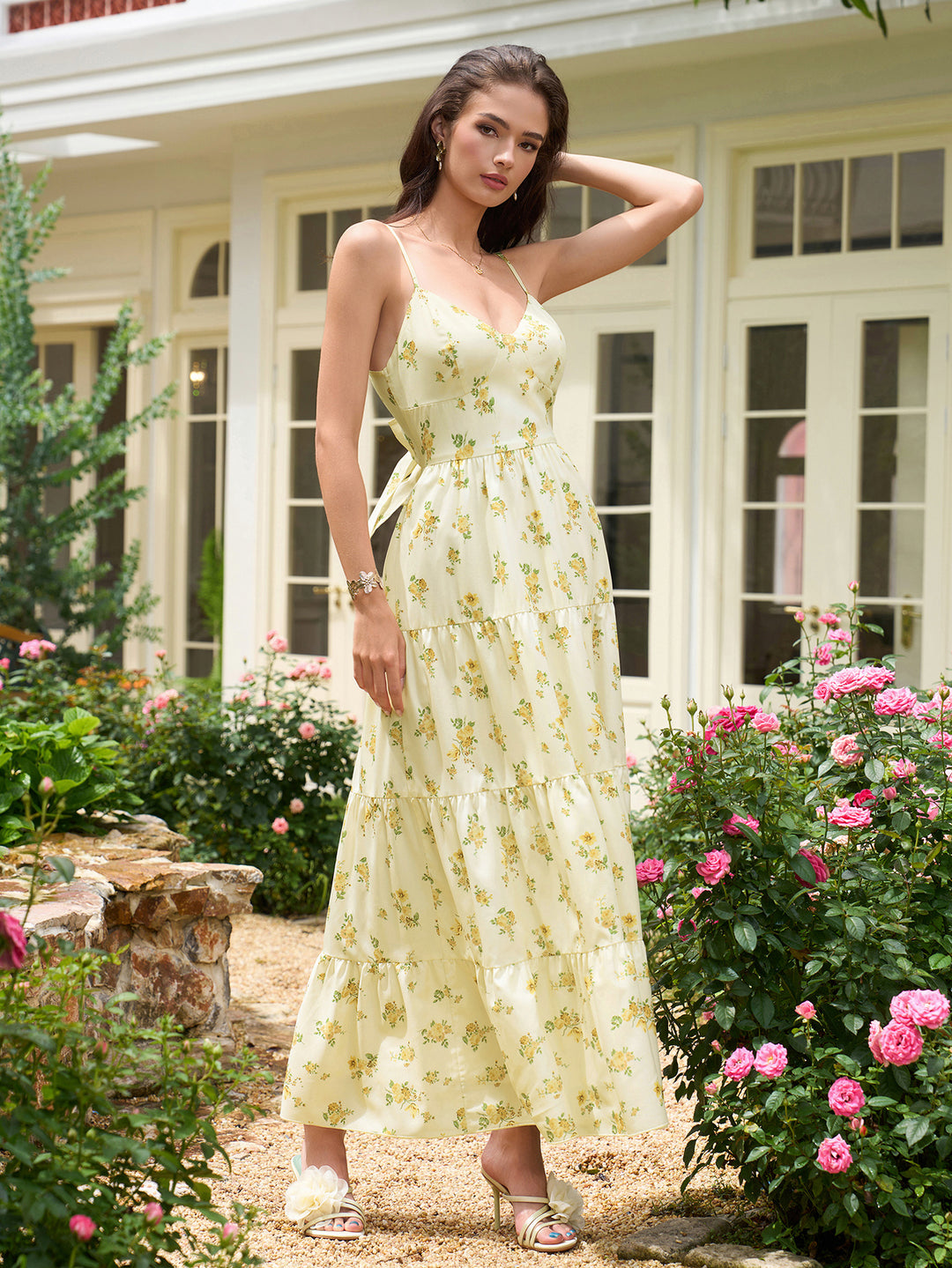 V-Neck Cut Out Bow Tie Back Cami Long Dress – Parthea Fashion