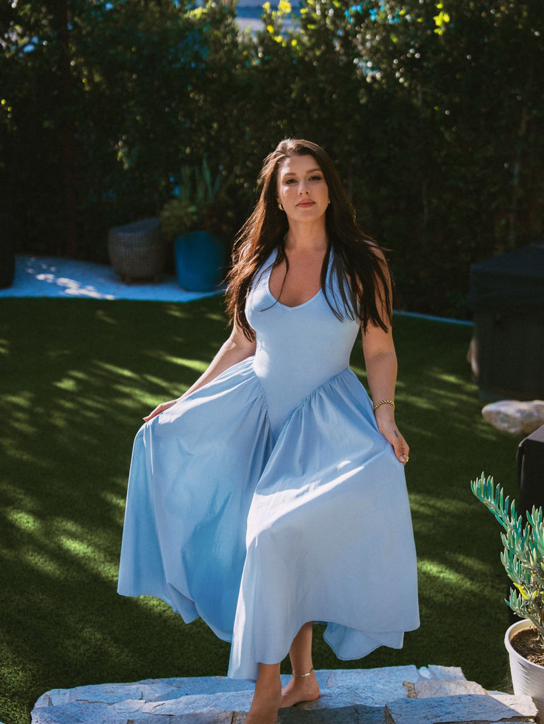 flared halter dress Halter Ruched Backless Flared Pocket Long Dress, Blue / XS