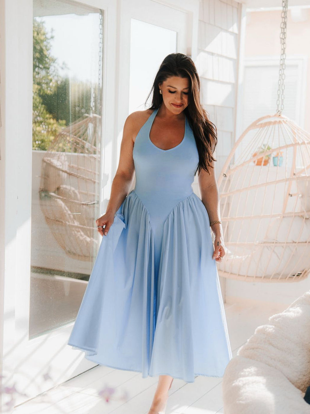 flared halter dress Pink Reverse Halter Knit Flared Dress
