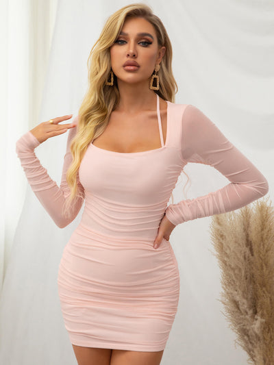 ruched long sleeve mesh mini dress#color_blush