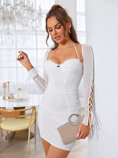    boning cut out crisscross tie up ruched mesh dress ivory side#color_ivory