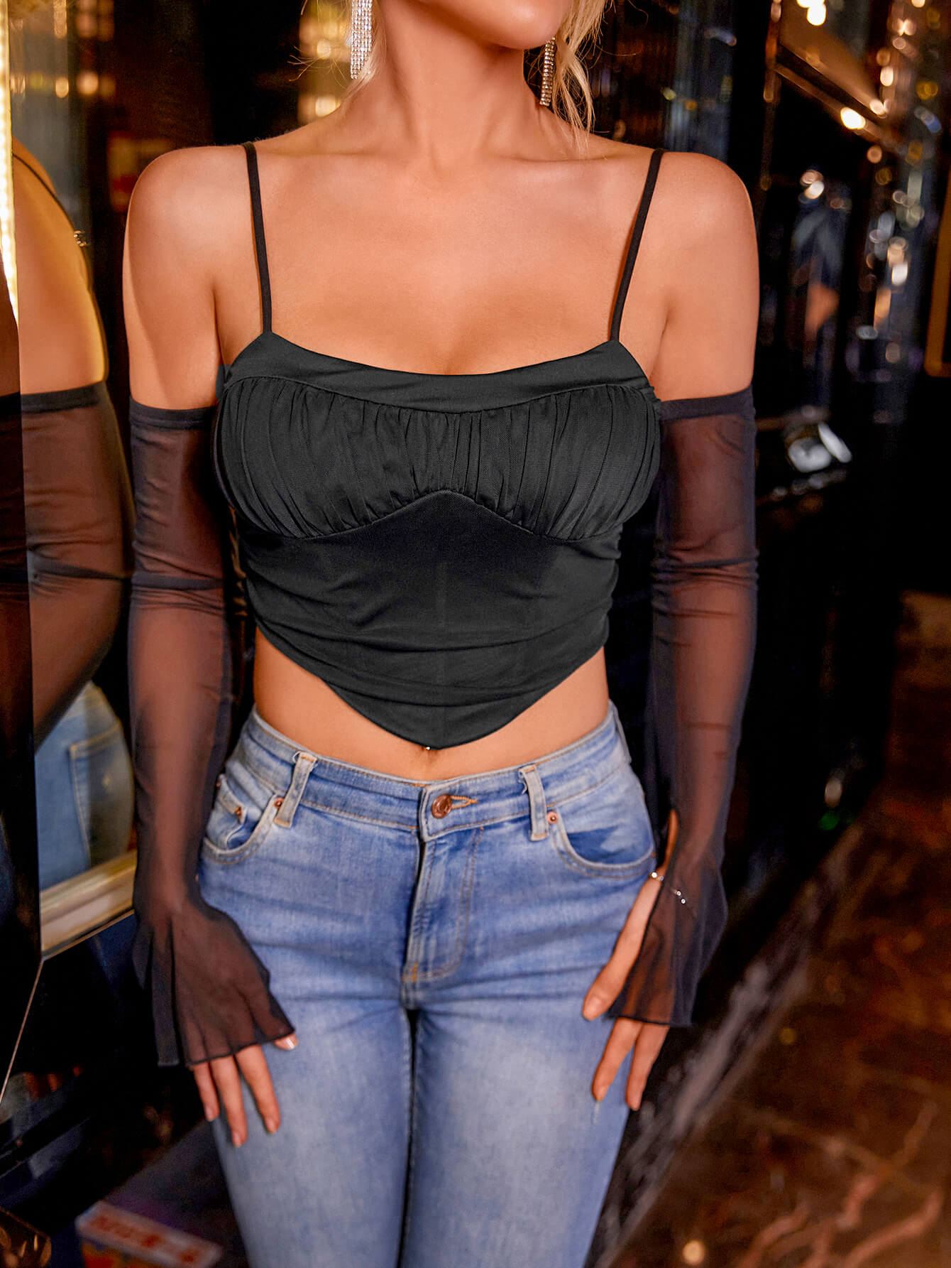    boning pads off shoulder mesh ruched corset top black#color_black