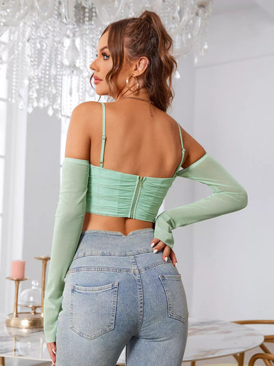    boning pads off shoulder ruched mesh corset top green back#color_green