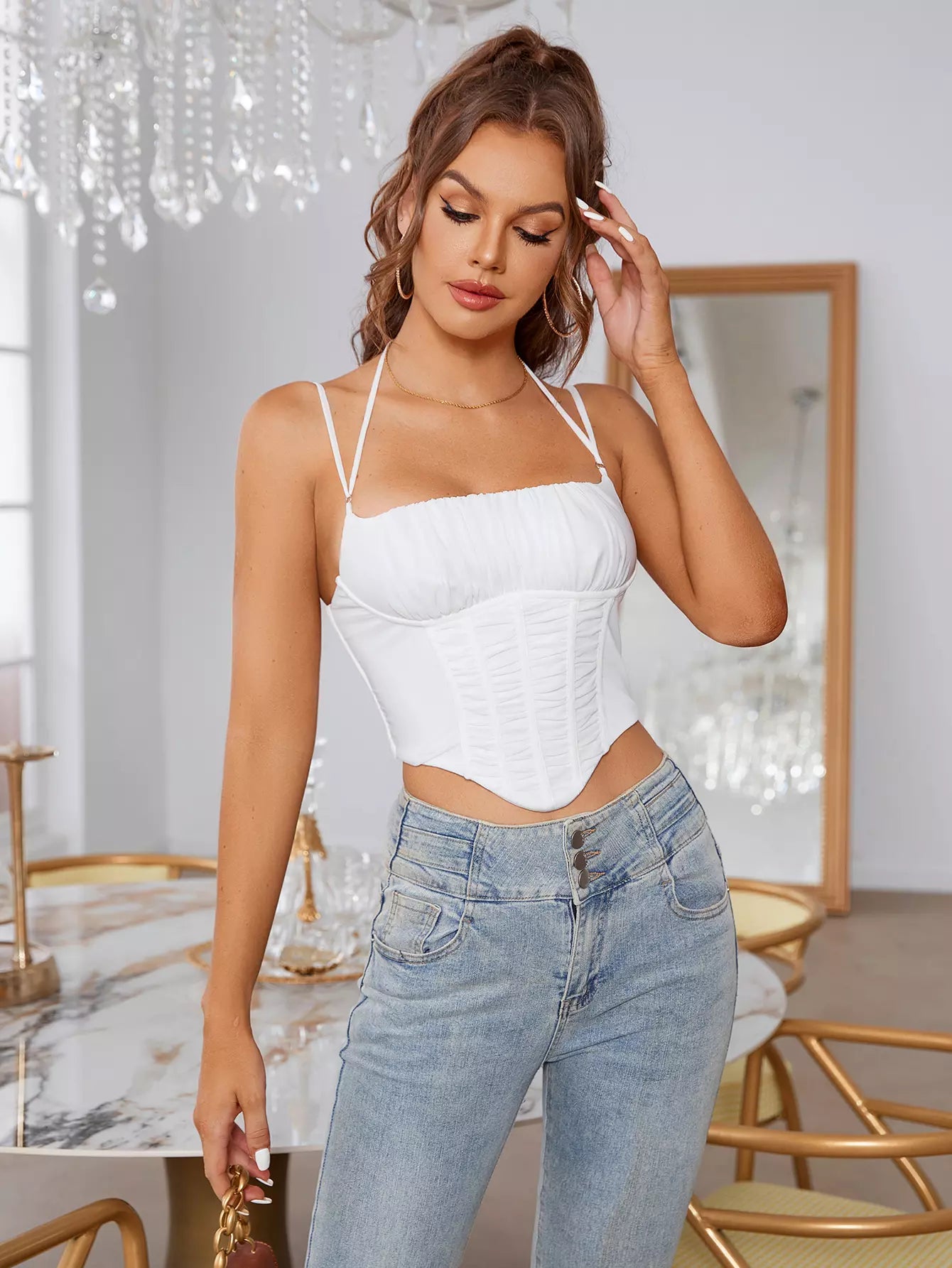 boning ruched mesh white cami top white#color_white