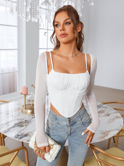 boning ruched see through mesh corset top white#color_white