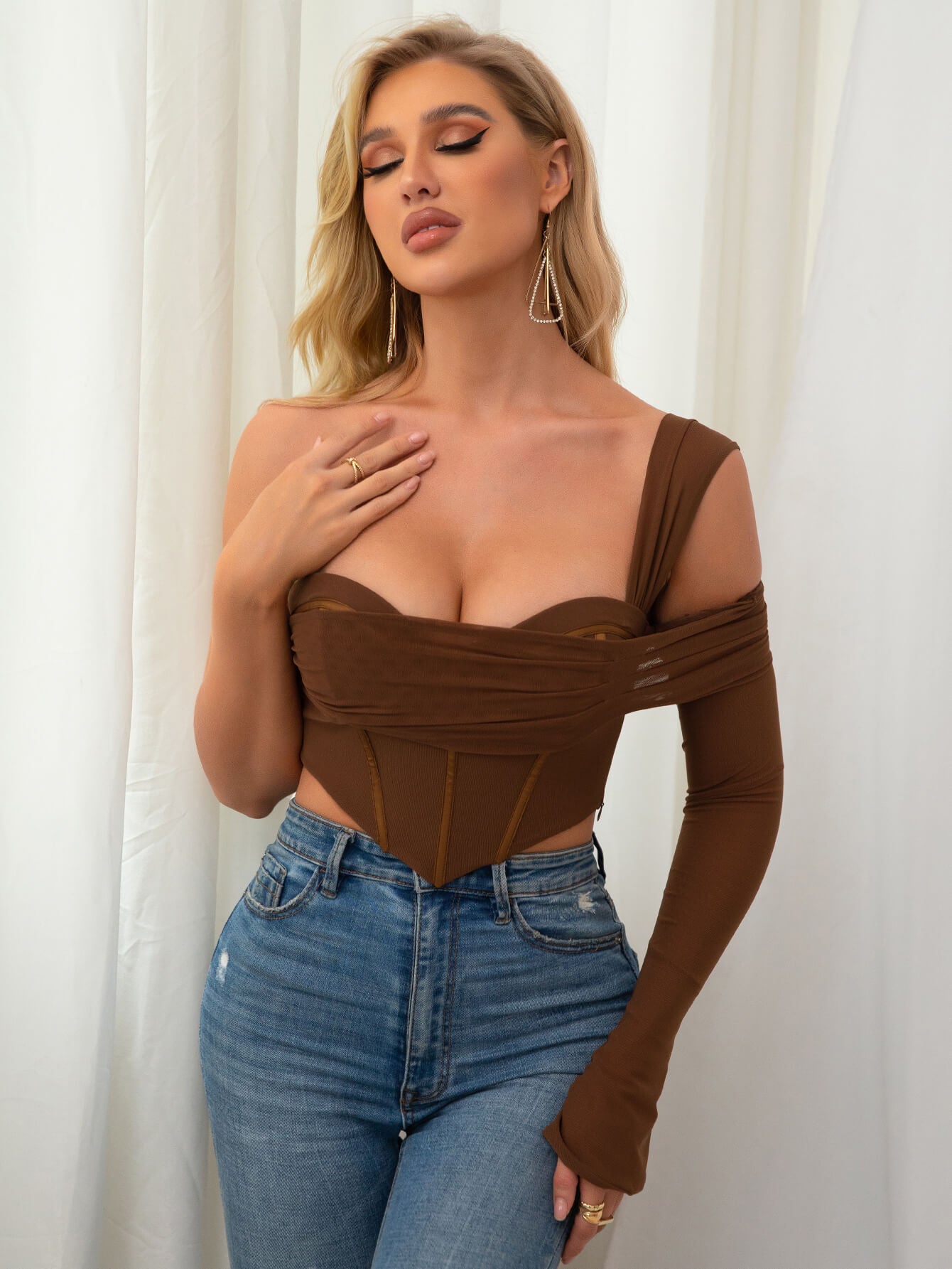     brown one sleeve corset mesh top#color_brown