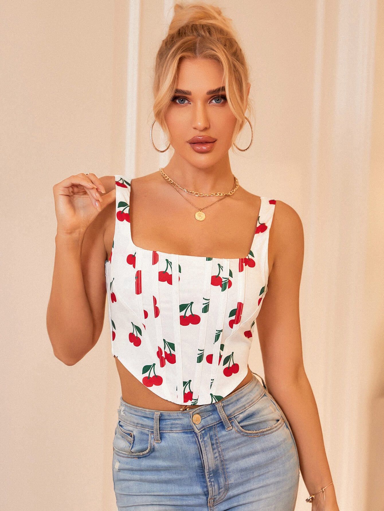    cherry red boning print crop top#color_cherry-red