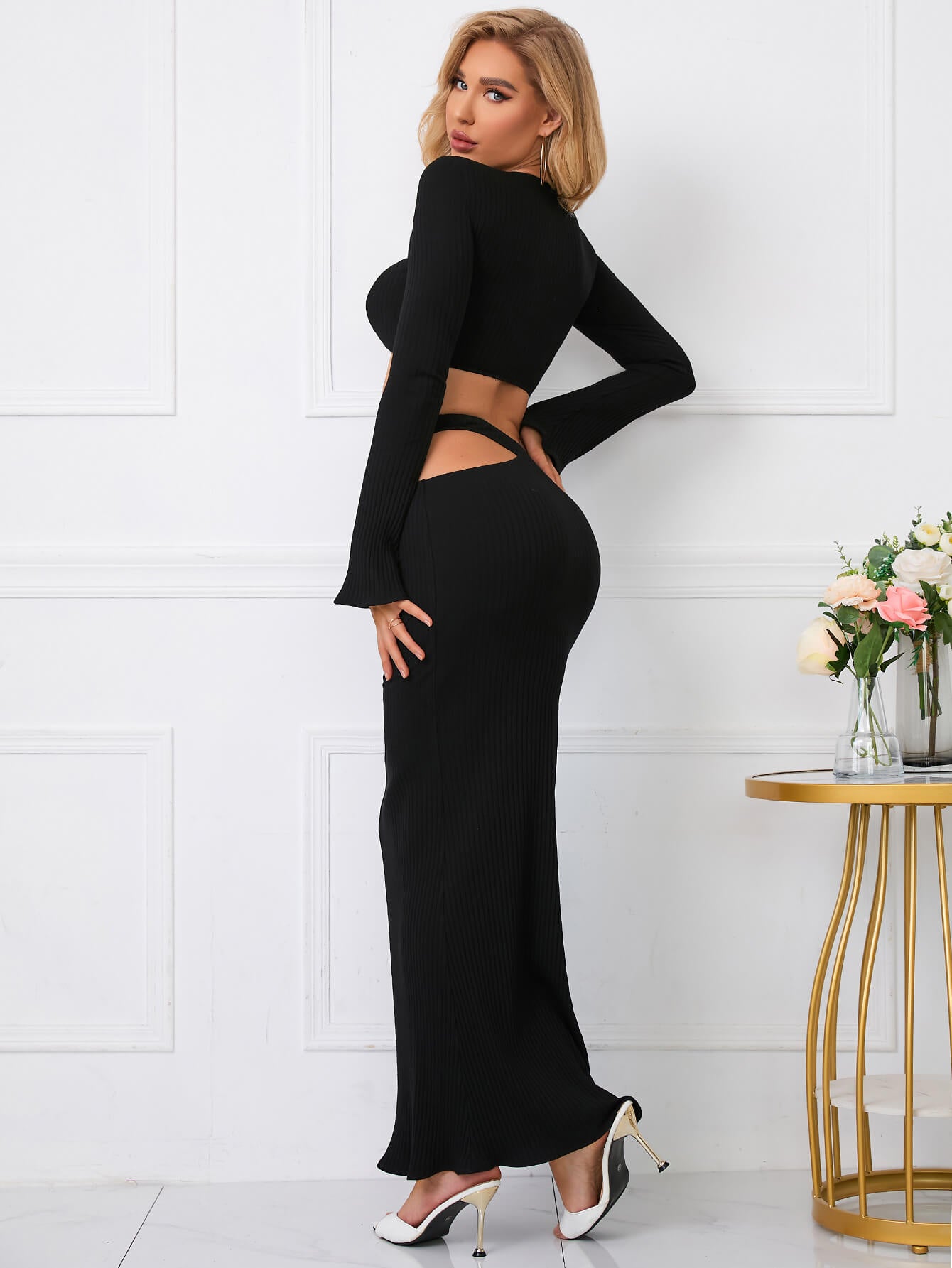 cut out twist front crop top maxi skirt set black back#color_black