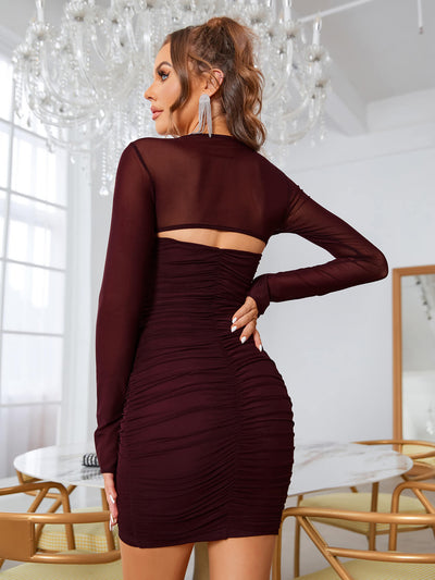 cut out twist ruched mesh dress brown back#color_brown