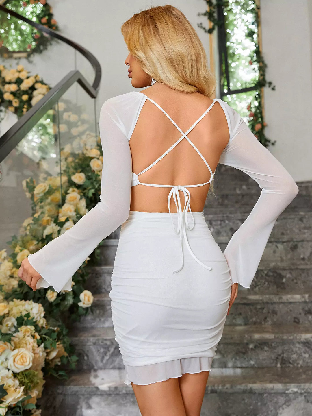 double layer mesh dress Double-Layer Mesh Mini Dress with Leaf Ivory / US 6