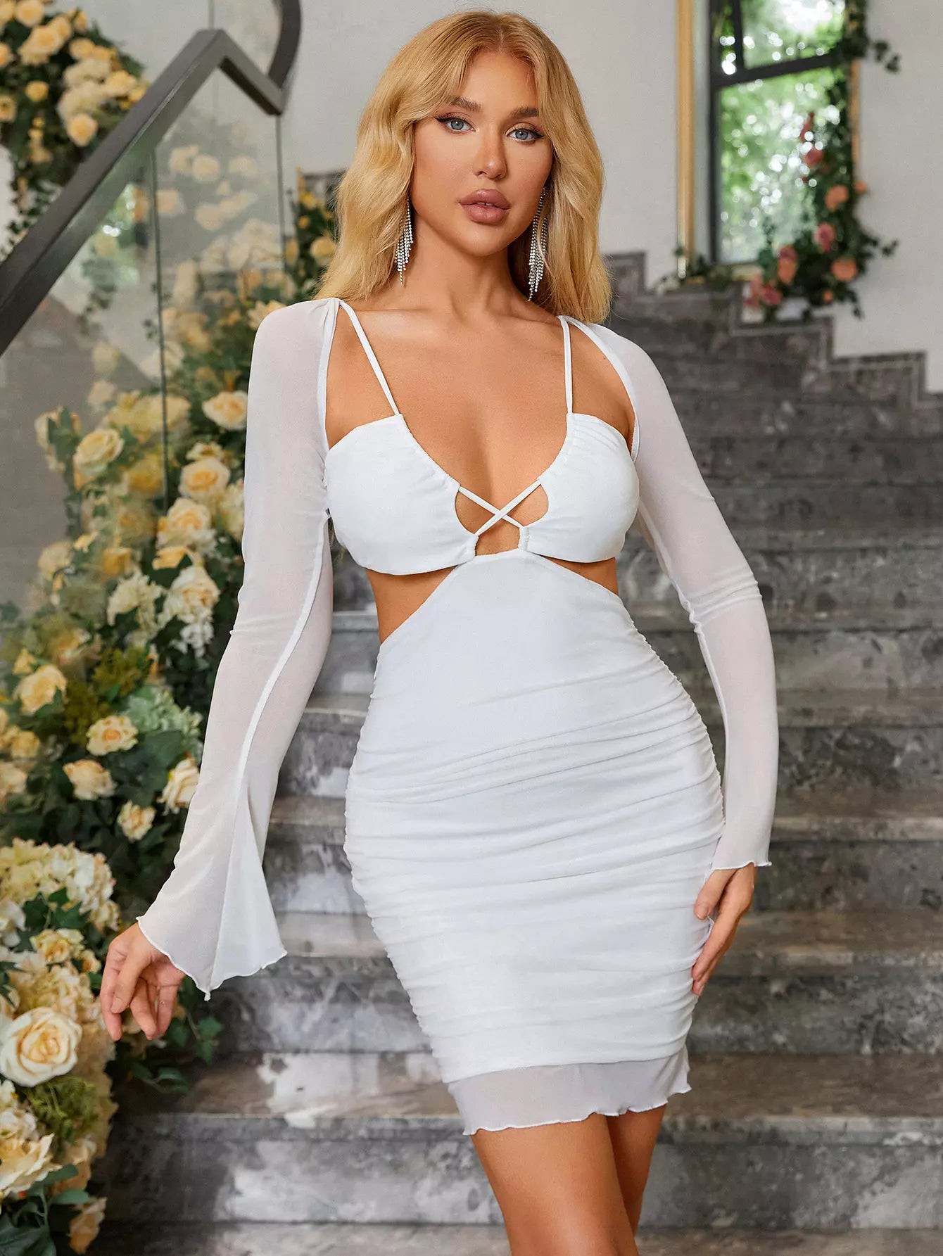 Double Layer Mesh Cut Out Dress, Ivory / XS