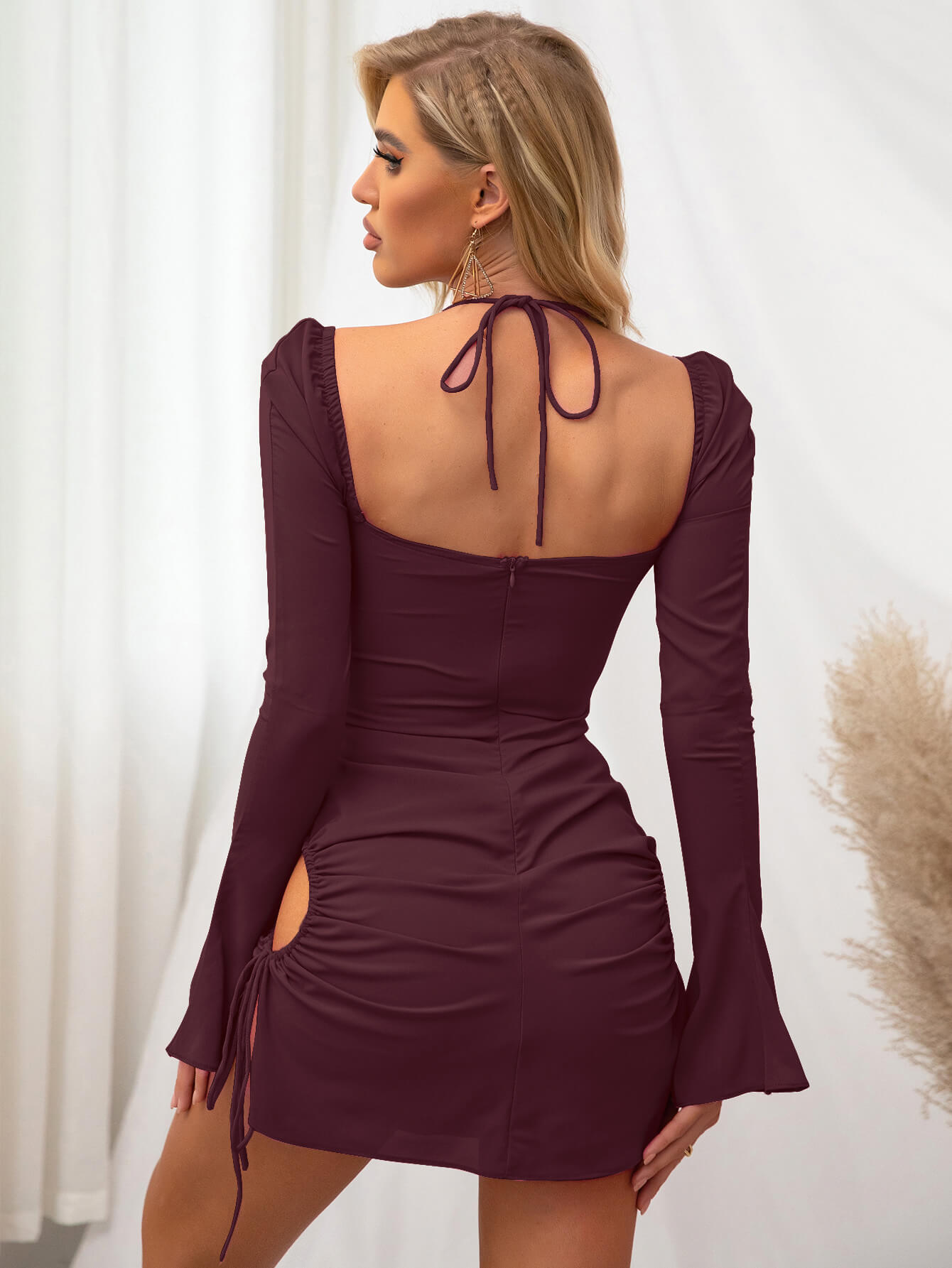 flare sleeve lace up mini dress brown back#color_brown