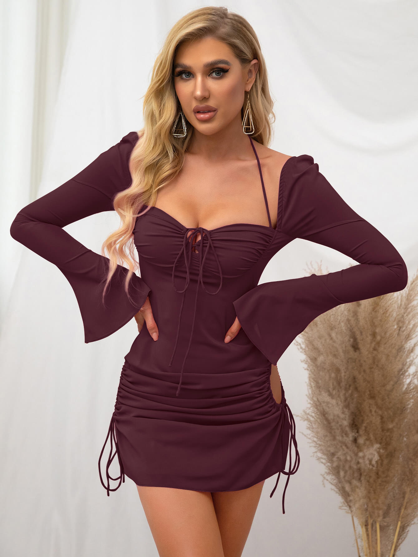      flare sleeve lace up mini dress brown#color_brown