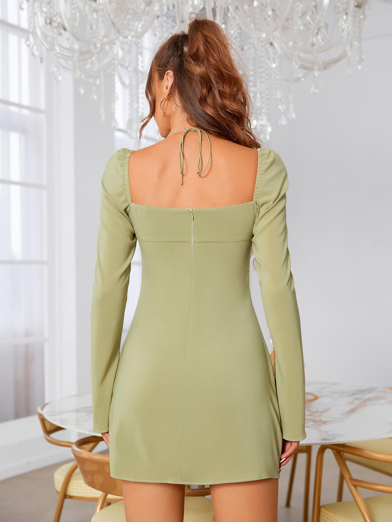     flare sleeve lace up mini dress green back#color_green