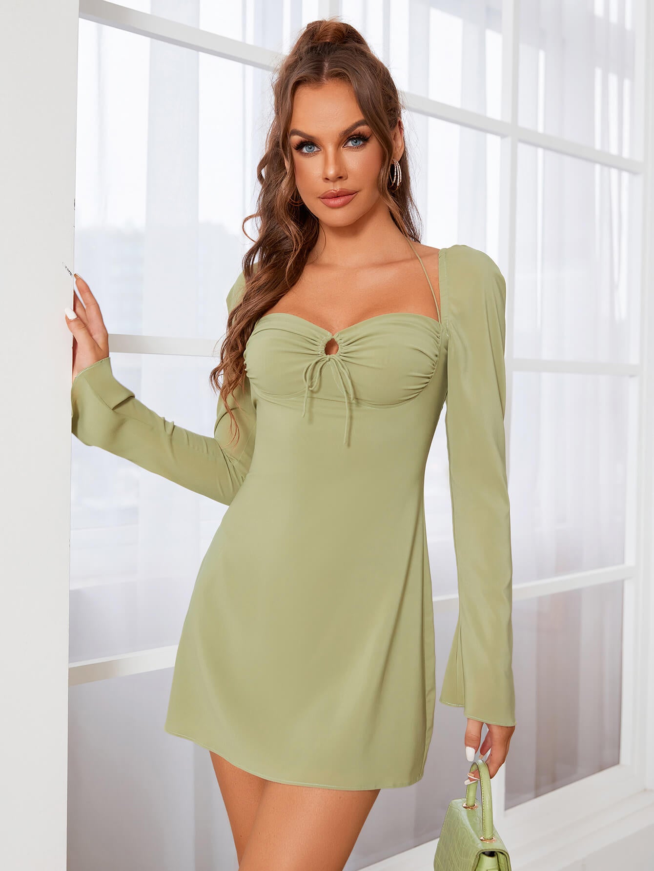 flare sleeve lace up mini dress green side#color_green